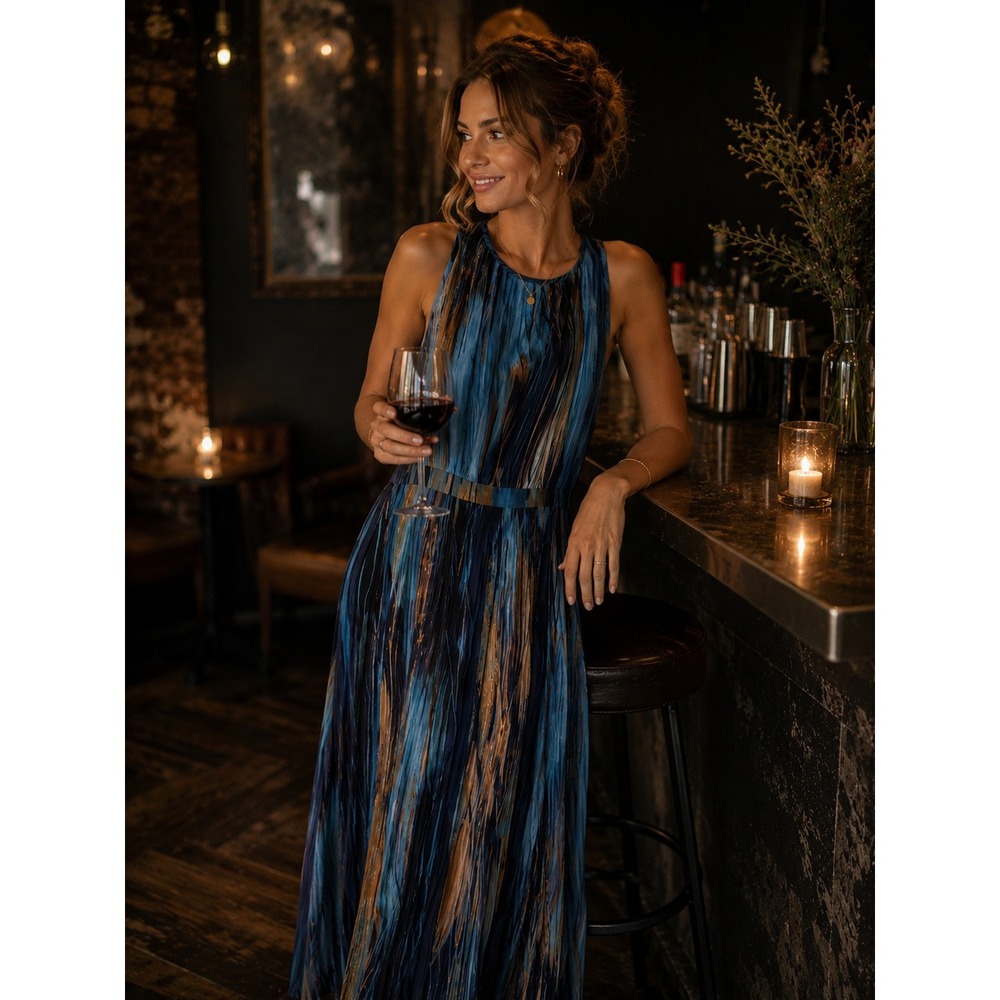 Anthropologie Paper Crown Blue Abstract Halter Maxi Dress Size 0 Wedding Guest